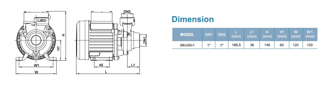 ปั๊มน้ำใบพัดเฟือง 1 นิ้ว LEO รุ่น XKM50-1 dimension